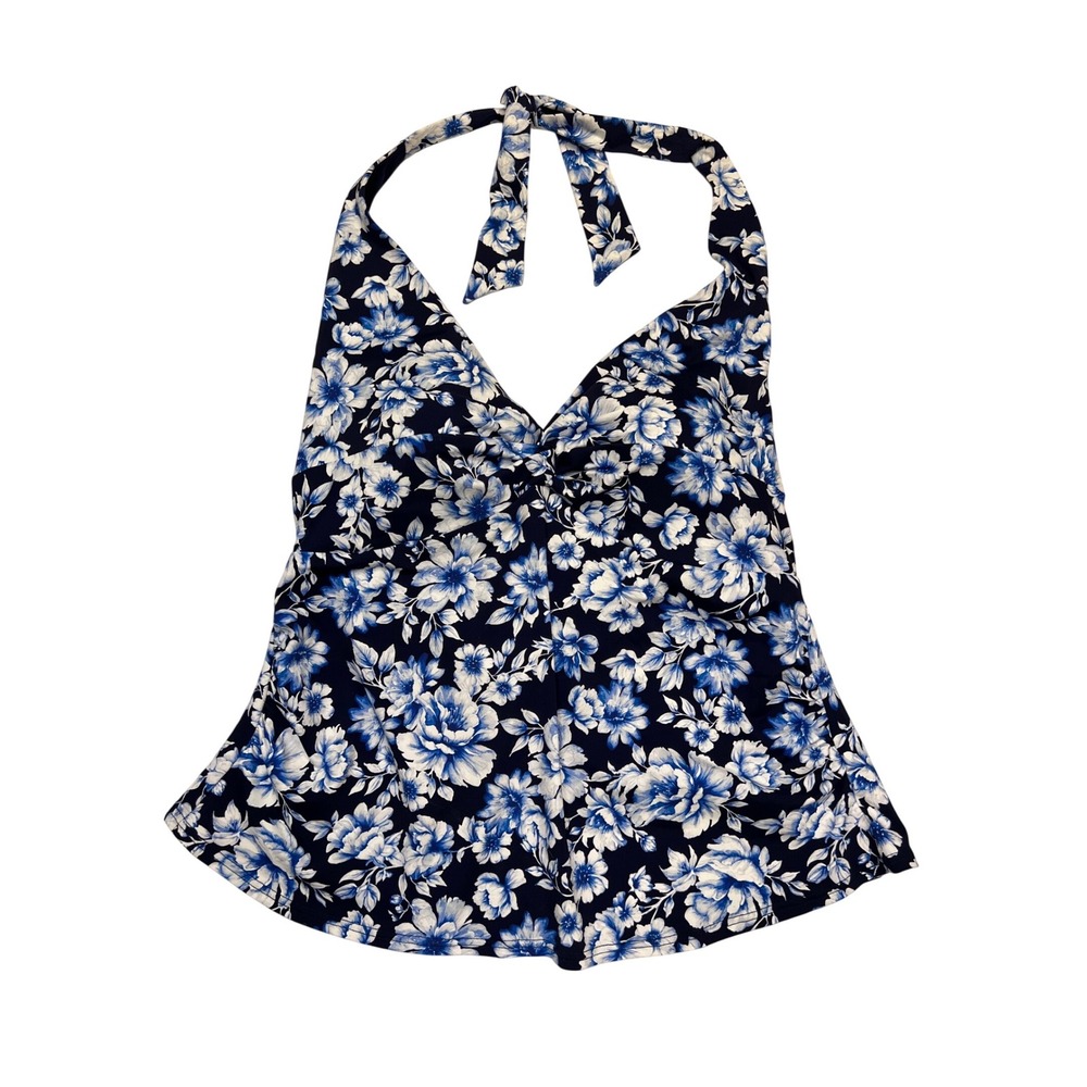 Lands' End Navy Blue White Floral Twist Front Halter Tankini Swim Top Size 18W
